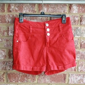 Red High Waisted Three Button Shorts